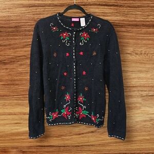 Vintage Cappagallo Ugly Christmas Sweater Cardigan Beaded Velvet Poinsettias M
